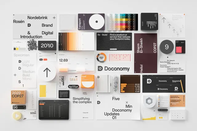 Doconomy brand identity system flat lay, minimal, corporate-clean, light