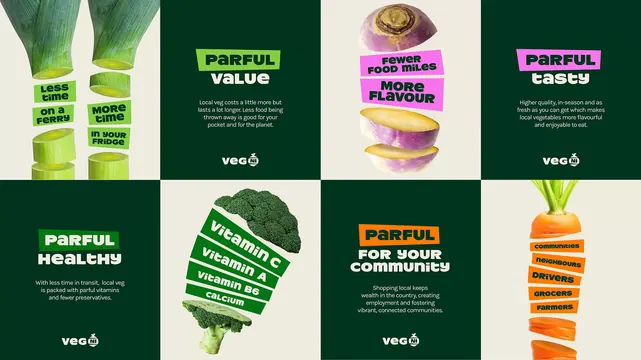 Veg NI square campaign tiles in a checkerboard grid, flat, playful, vibrant