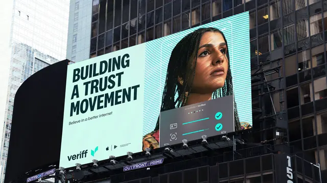 Veriff Building a Trust Movement digital billboard, corporate-clean, typographic, light