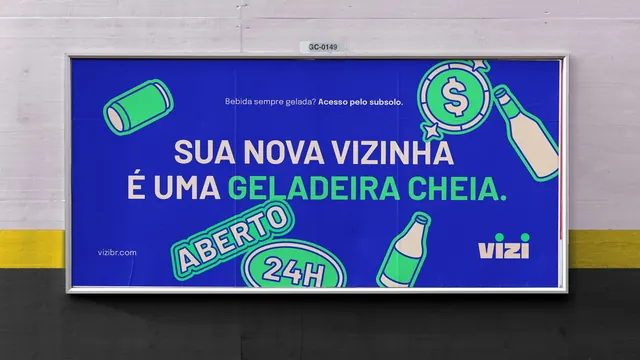 Vizi blue billboard, your new neighbour is a full fridge, flat, playful, vibrant