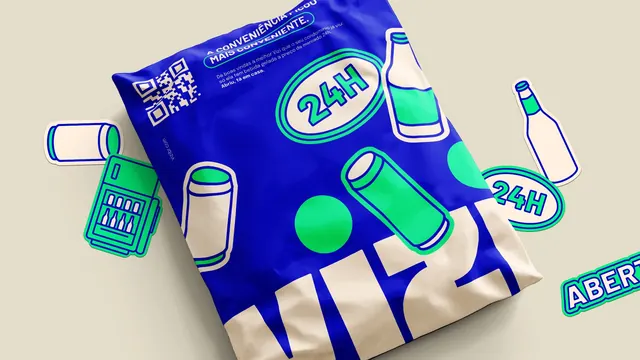 Vizi blue mailer bag with cut-out stickers, flat, playful, vibrant