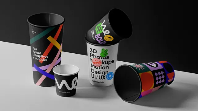 We Believe Hub branded coffee cups, flat, playful, dark