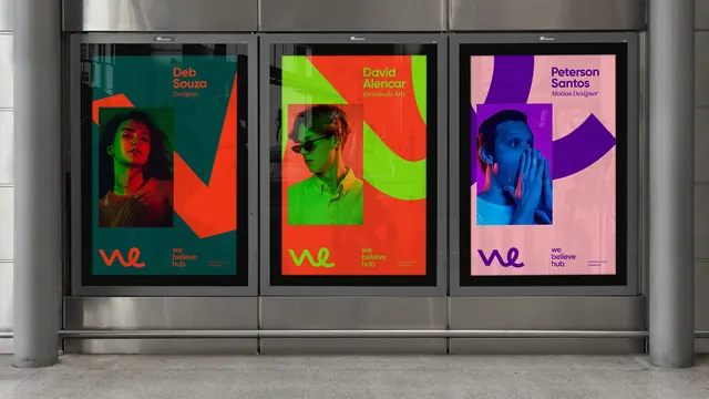 We Believe Hub team poster triptych, flat, geometric, vibrant