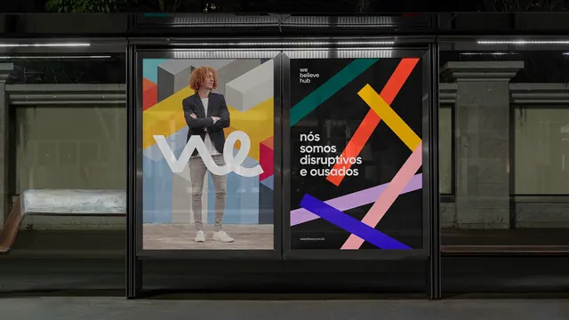 We Believe Hub bus shelter pairing at night, geometric, flat, dark