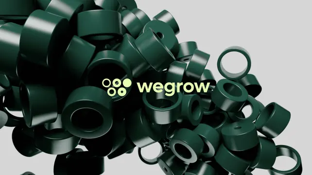 Wegrow logo over a pile of dark green rings, 3d-render, minimal, dark