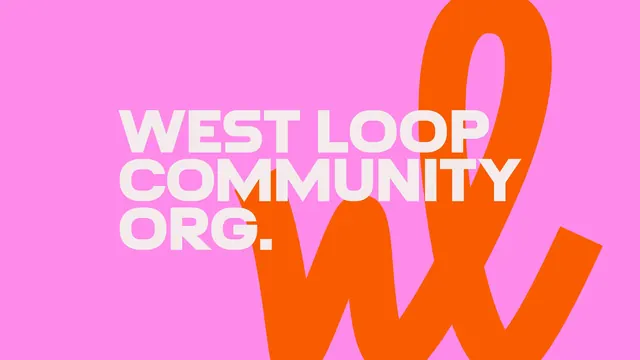 West Loop Community Org. wordmark on pink, flat, typographic, vibrant