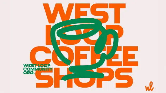 West Loop Coffee Shops poster with drawn cup, flat, typographic, warm