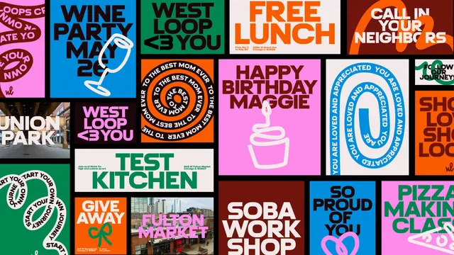 West Loop poster system wall, flat, typographic, vibrant