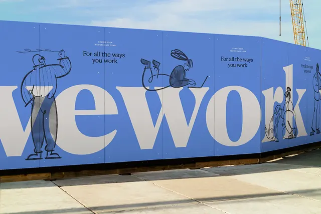 WeWork construction hoarding with drawn figures, minimal, illustrated, cool