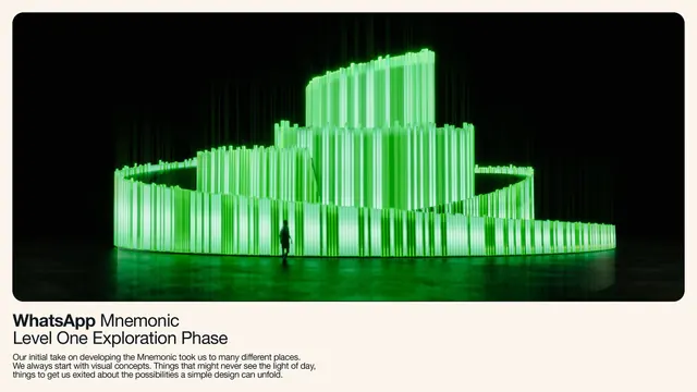 Glowing green light-installation render on a case-study caption frame, 3d-render, dark-mode, dark