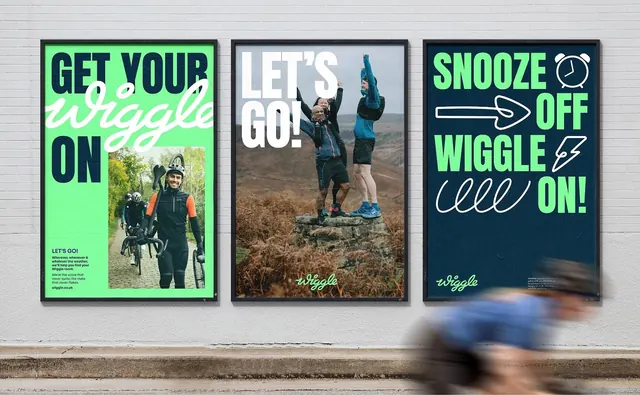 Wiggle three-poster street mockup with script and condensed type, photographic, typographic, vibrant