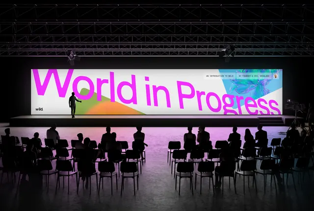 Keynote stage render with panoramic magenta title screen, 3d-render, dark-mode, dark