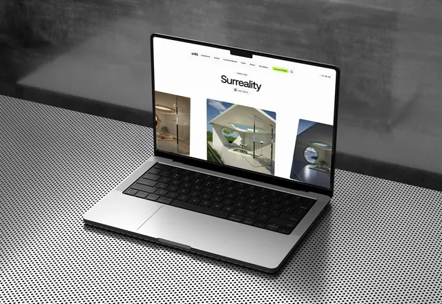 Laptop mockup on perforated metal showing a collection page, photographic, minimal, neutral