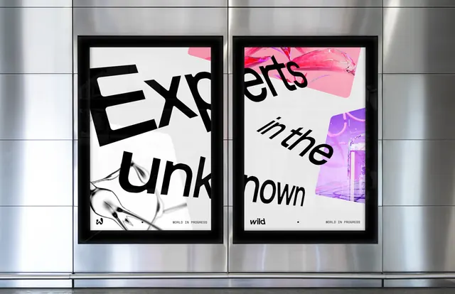 Transit light-box posters with a headline split across two frames, photographic, typographic, light