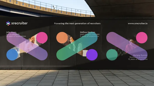 Site hoarding with translucent cross graphics framing recruiter portraits, geometric, flat, dark