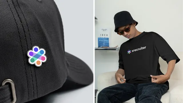 Merchandise pairing of enamel cap pin and printed t-shirt, photographic, minimal, dark