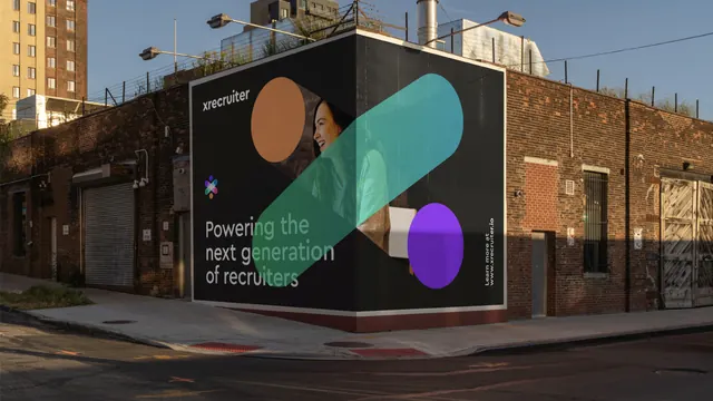 Xrecruiter corner building wrap, dark-mode, geometric, dark