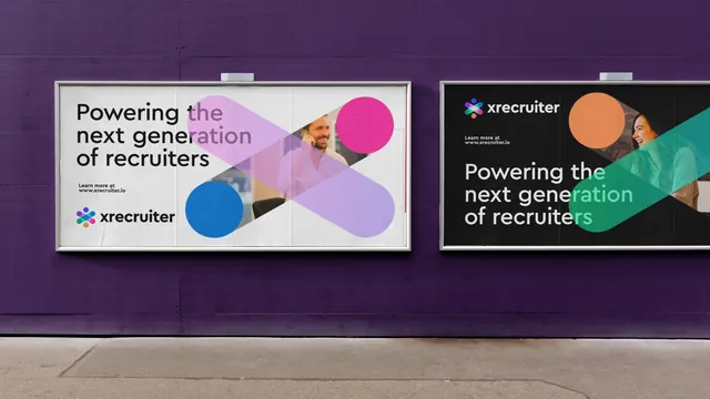 Xrecruiter billboard pair on purple wall, geometric, photographic, vibrant