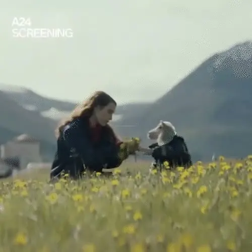 Cinematic scene in yellow field with mountains, photographic, cinematic, warm