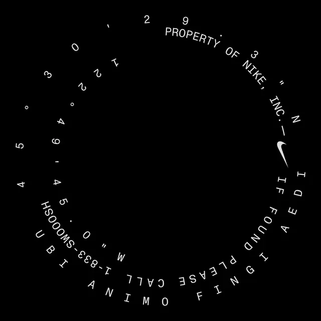 Circular text arrangement with Nike Swoosh logo, minimal, technical, monochrome