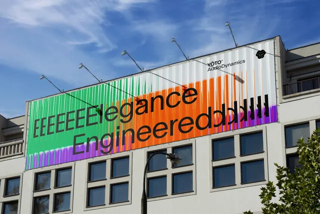 YOTO AudioDynamics striped rooftop billboard, geometric, typographic, vibrant