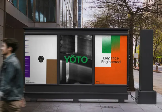 YOTO AudioDynamics kiosk poster triptych, swiss, geometric, high-contrast