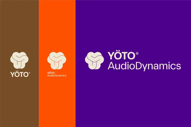 YOTO AudioDynamics logo lockup panels, minimal, geometric, vibrant