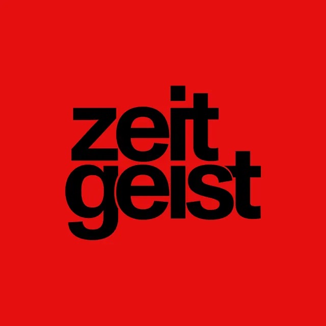 Zeitgeist wordmark on red, minimal, corporate-clean, vibrant
