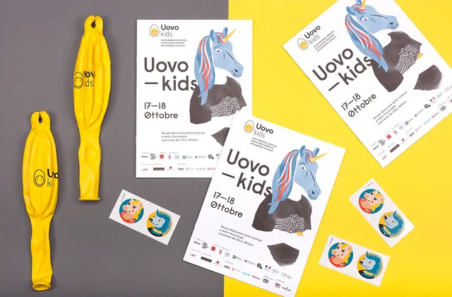 Uovo Kids branding and collateral, playful, illustrated, vibrant