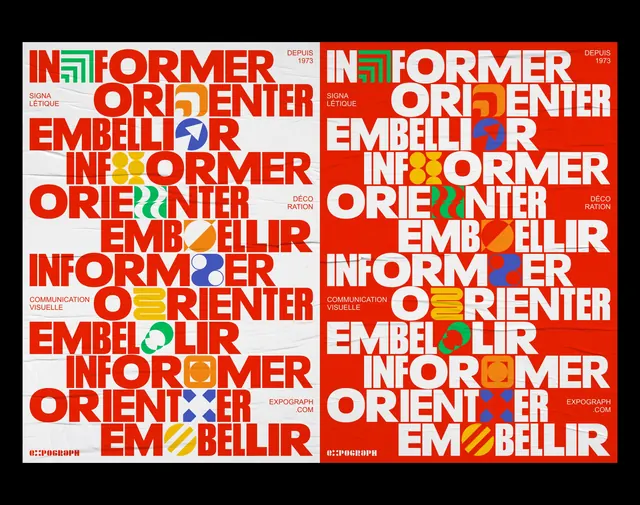 Expograph branding wordplay pattern, geometric, playful, vibrant