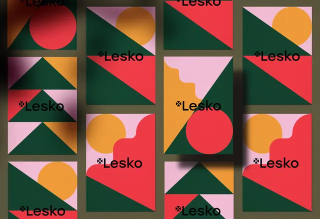 Lesko brand identity system with geometric patterns, geometric, playful, vibrant