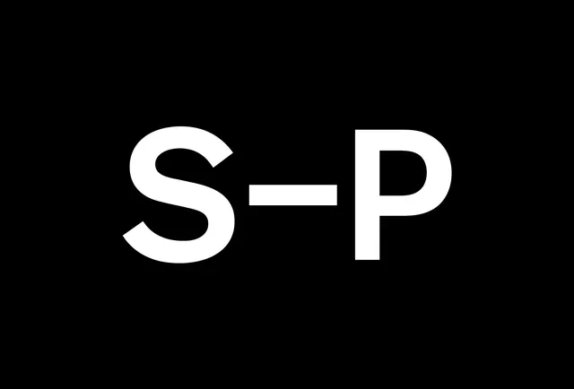 S-P logotype, minimal, swiss, dark
