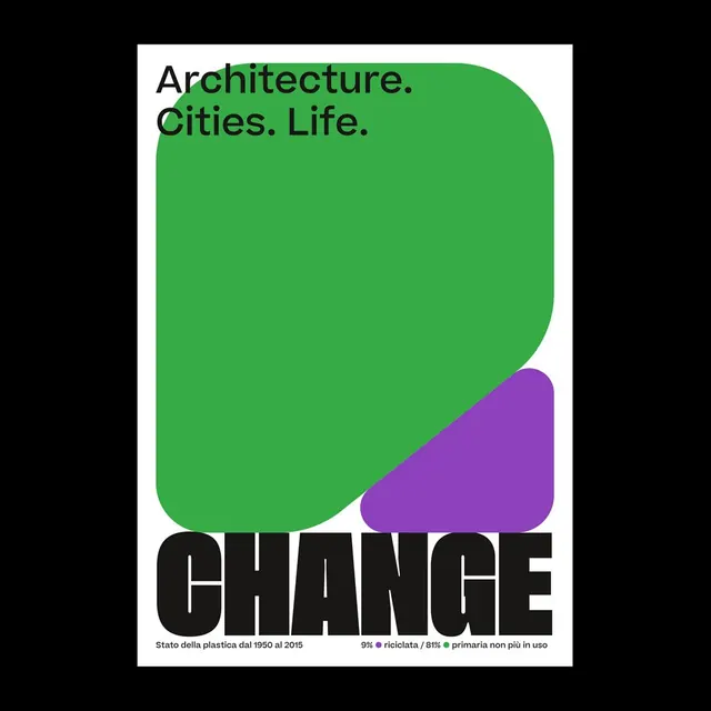 Architecture sustainability proportional-area poster (Italian, green/purple), editorial, minimal, vibrant