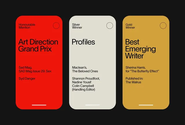 Magazine awards layout with color blocks, editorial, corporate-clean, dark