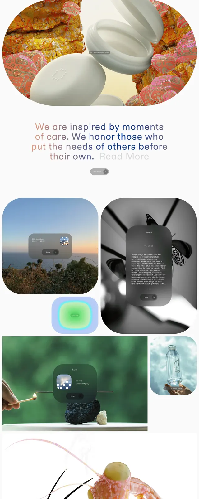 Sustainable product showcase layout with grid, editorial, infographic, earthy