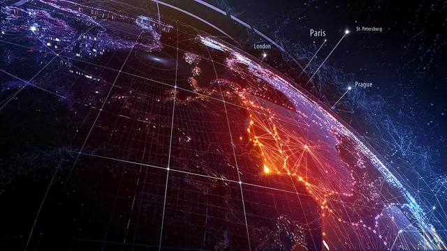 Global network data visualization, technical, data-dense, dark