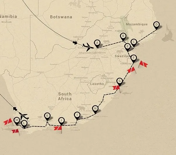 Travel route map with flags and waypoints, geographic, editorial, earthy