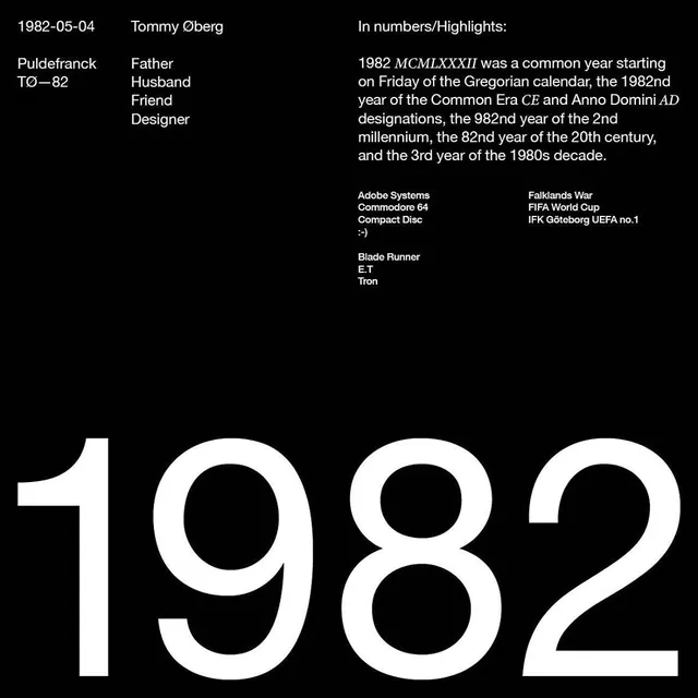Year 1982 information design with cultural references, editorial, technical, dark
