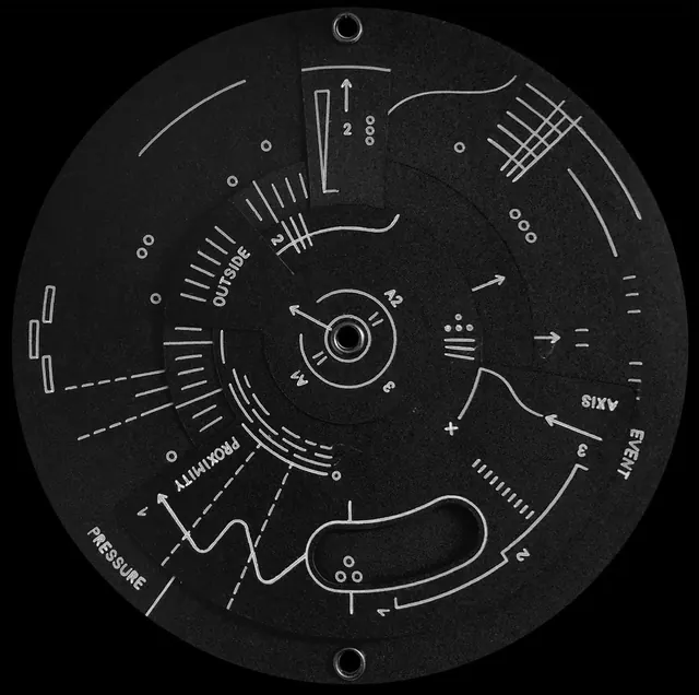 Technical blueprint diagram with circular layout, technical, minimal, dark
