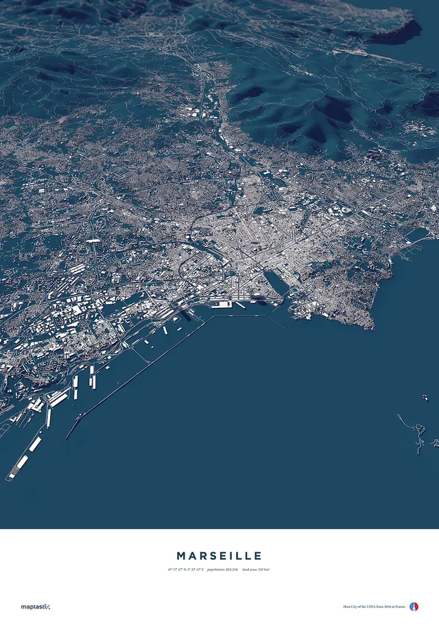 Aerial map of Marseille city and harbor with typography, technical, data-dense, cool