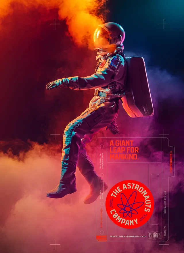 Astronaut cannabis promo poster, photographic, dark-mode, dark