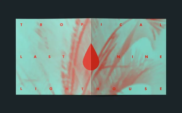 Tropical Lighthouse book spread, editorial, gradient-heavy, cool