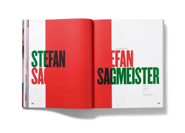 Stefan Sagmeister red gutter spread, editorial, swiss, vibrant
