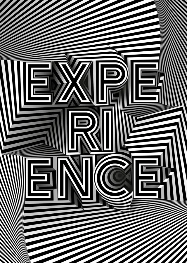 Experience op-art typographic poster, brutalist, geometric, monochrome