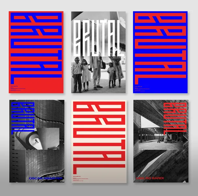 Brutal Brazil architecture poster grid, brutalist, editorial, vibrant