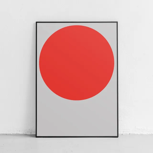 Red circle poster in black frame, minimal, geometric, high-contrast