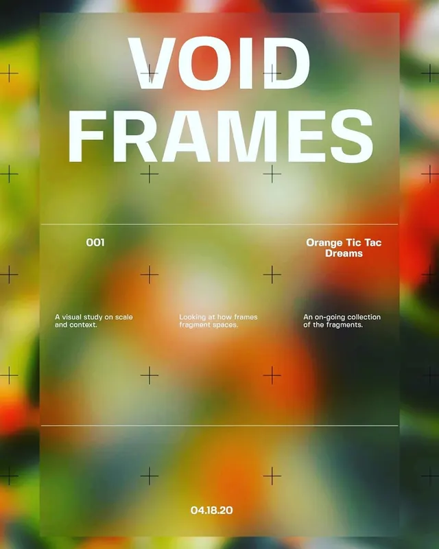 VOID FRAMES layered typographic poster, editorial, gradient-heavy, vibrant
