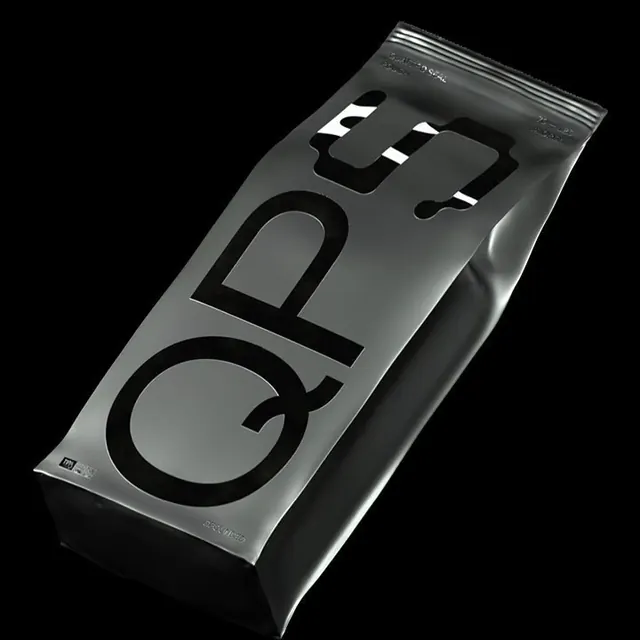 Metallic silver quad-seal coffee bag, minimal, technical, dark
