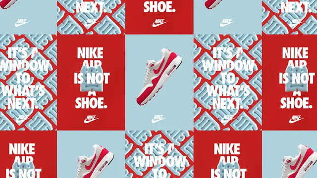 Nike Air Max 1 campaign tile grid, maximalist, flat, vibrant