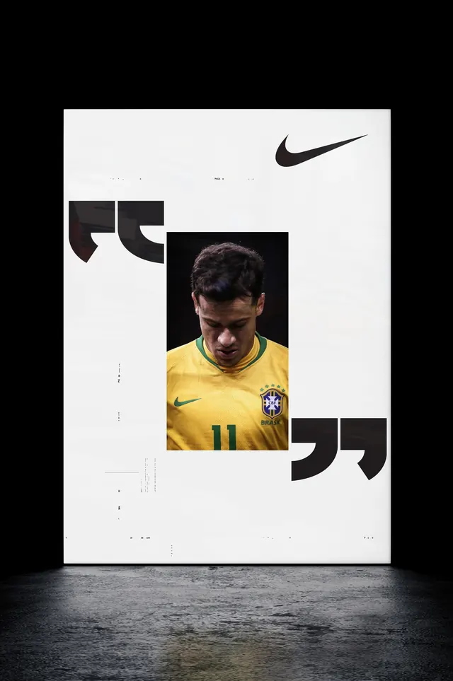 Nike sports campaign with quotation mark typography, minimal, geometric, dark